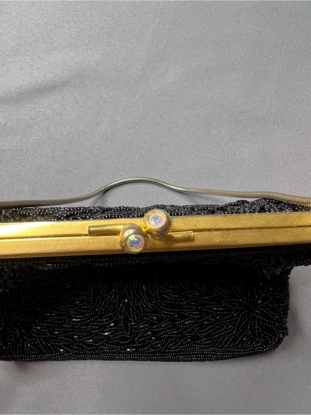 Vintage Black Beaded Evening Bag Gold Frame Wedding Clutch - Picture 4 of 10